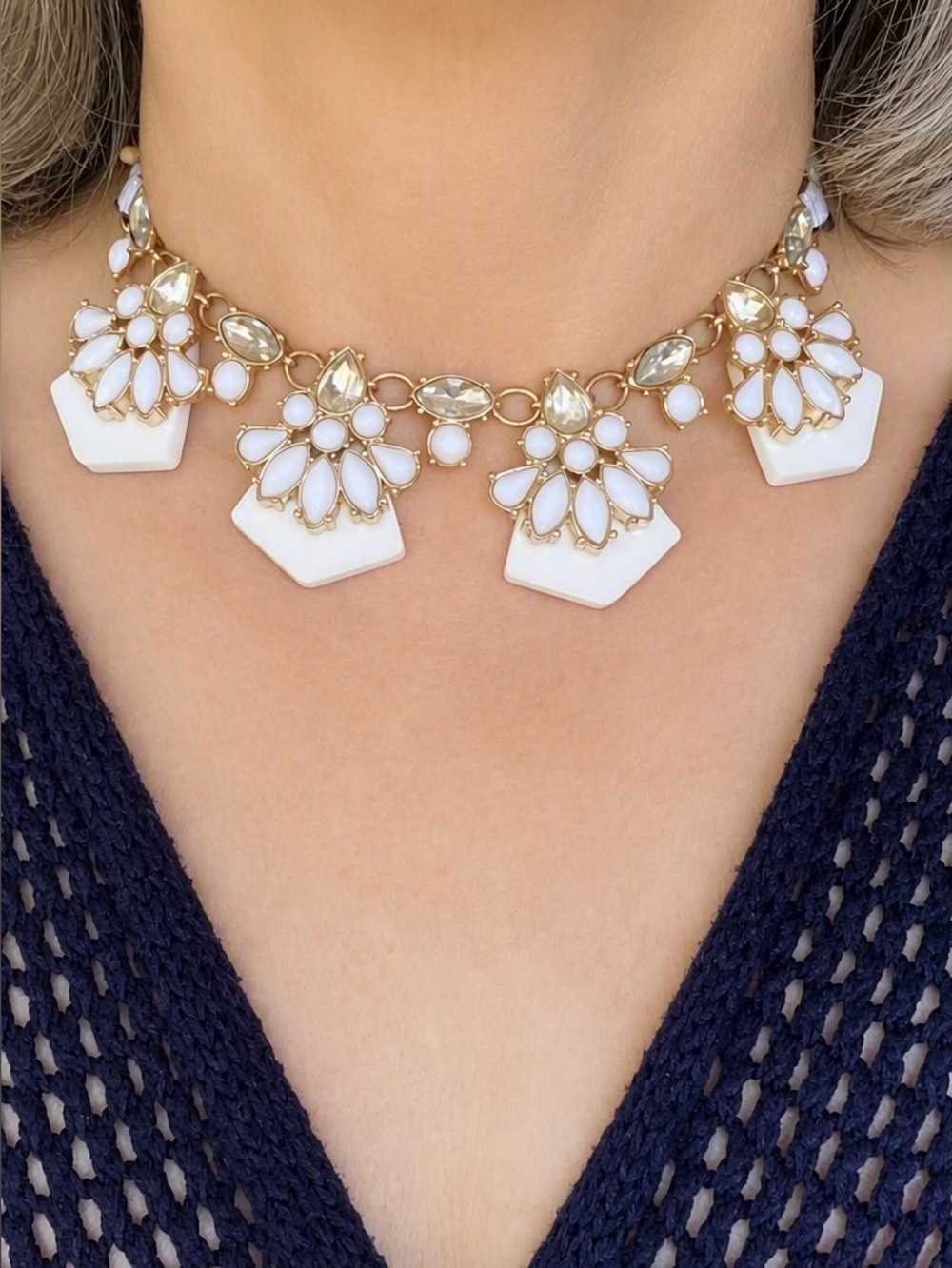 Avon 2018 Seaside Stripes Statement Necklace White Navy Cream